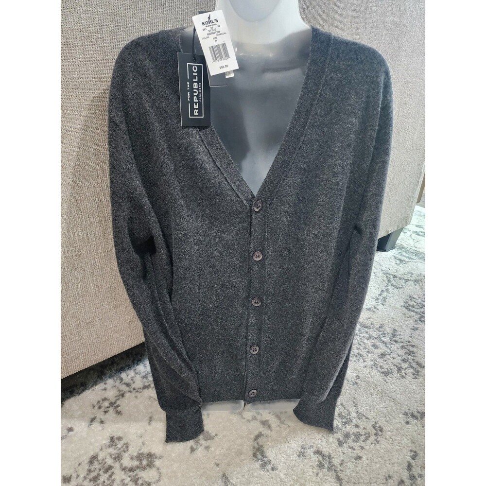 NEW For The Republic 100% Cashmere Men's medium V-Neck Sweater Grey cardigan